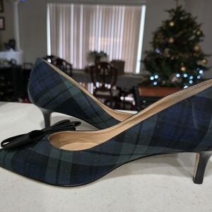 Talbots Blue and Green Plaid Heels with Black Bow